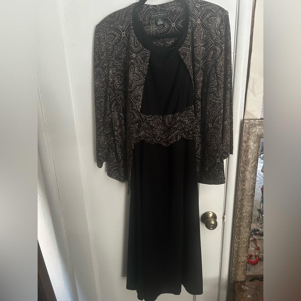 Jessica Howard Black Evening Gown with Metallic Paisley Jacket